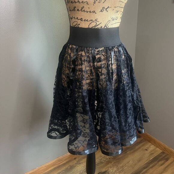 Vintage black tulle floral lace satin ribbon pleated bubble mini skirt Goth - Picture 2 of 12